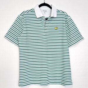 Masters Tech Polo Shirt Men’s Medium White Green Stripe Golf Performance Outdoor